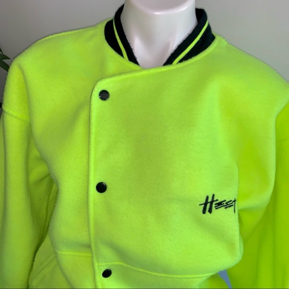 v i n t a g e :: Electric Fleece Bomber Jacket Rare 80s Neon Yellow - Picture 3 of 13